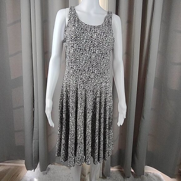Nicole Miller Green, Peach, Black, White Patterned Midi Dress Size Large - Picture 1 of 10